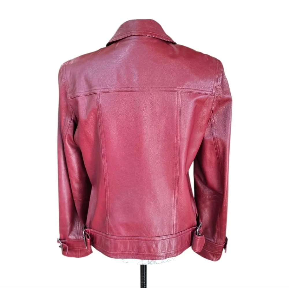Tribal Deep Red Leather Moto Inspired Zip Up Jacket 8 - Picture 6 of 8